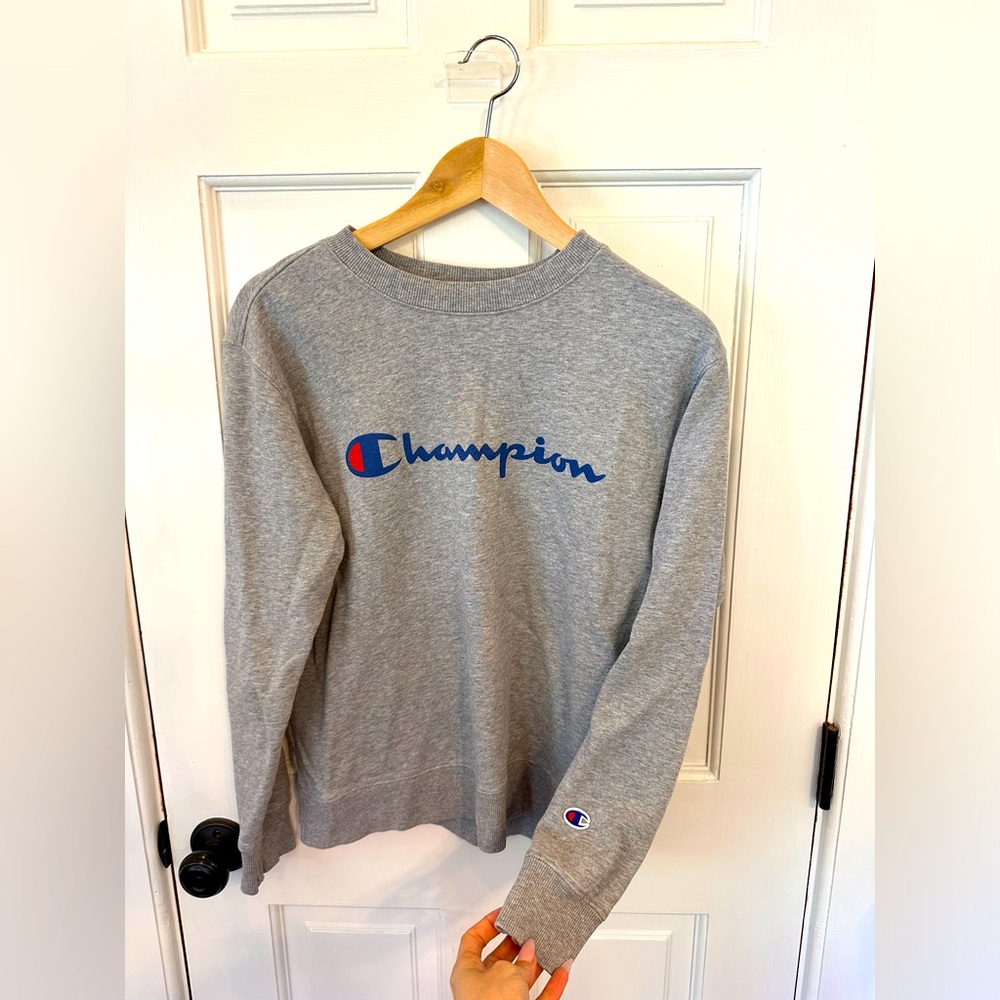 Medium gray, champion sweatshirt, women’s medium
